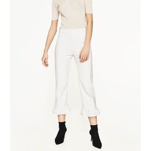 Zara Cropped White Ruffle-Bottom Pants